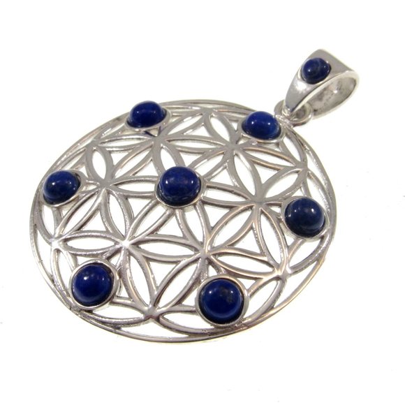 Solid 925 Sterling Silver Flower of Life Pendant with Lapis Lazuli Sacred Symbol - Picture 7 of 8